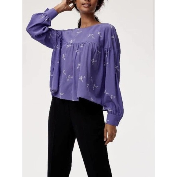 Wilfred Aritzia •XXS• Crane Bird Print Silk Crepe Blouse Top Keyhole Back $110 - Picture 1 of 10
